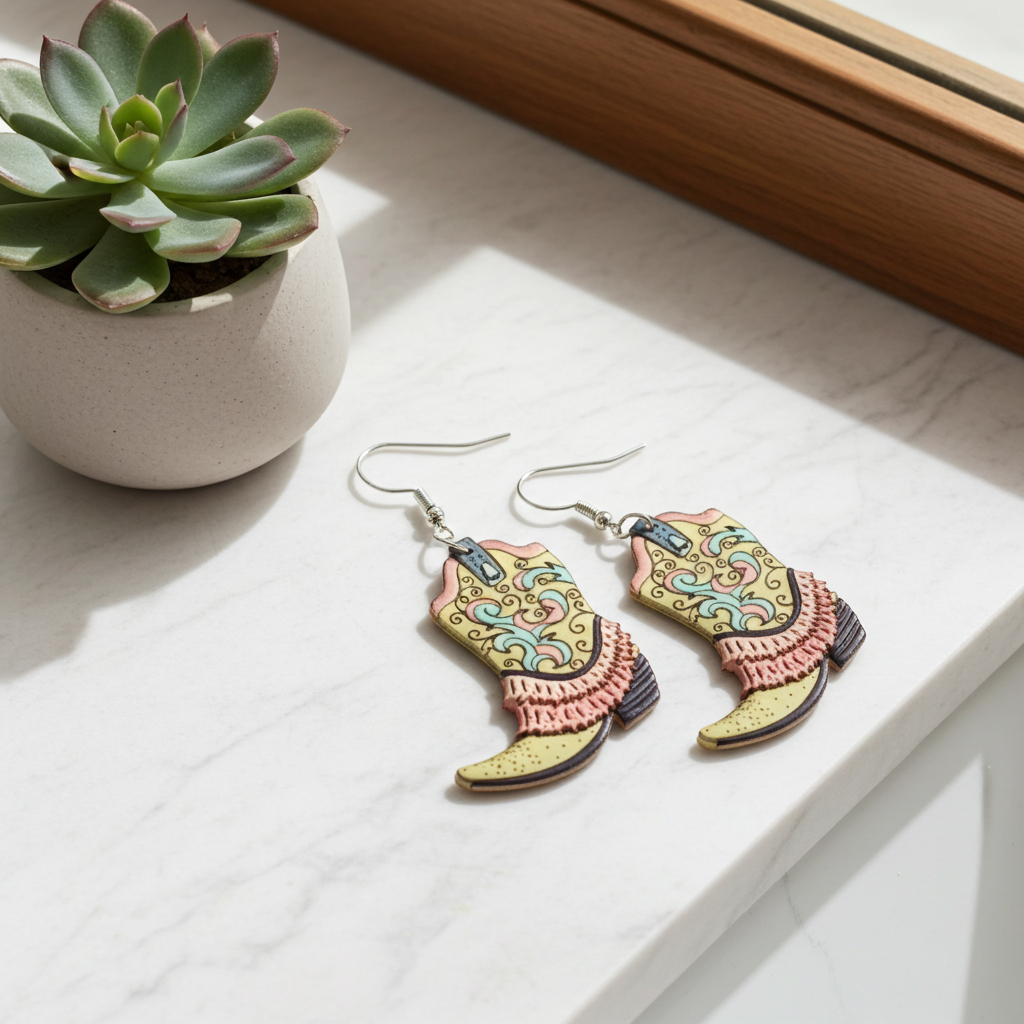 Colorful cowboy boot earrings on a white surface with a potted plant.