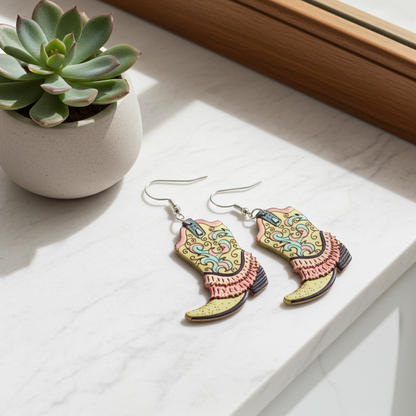 Colorful cowboy boot earrings on a white surface with a potted plant.