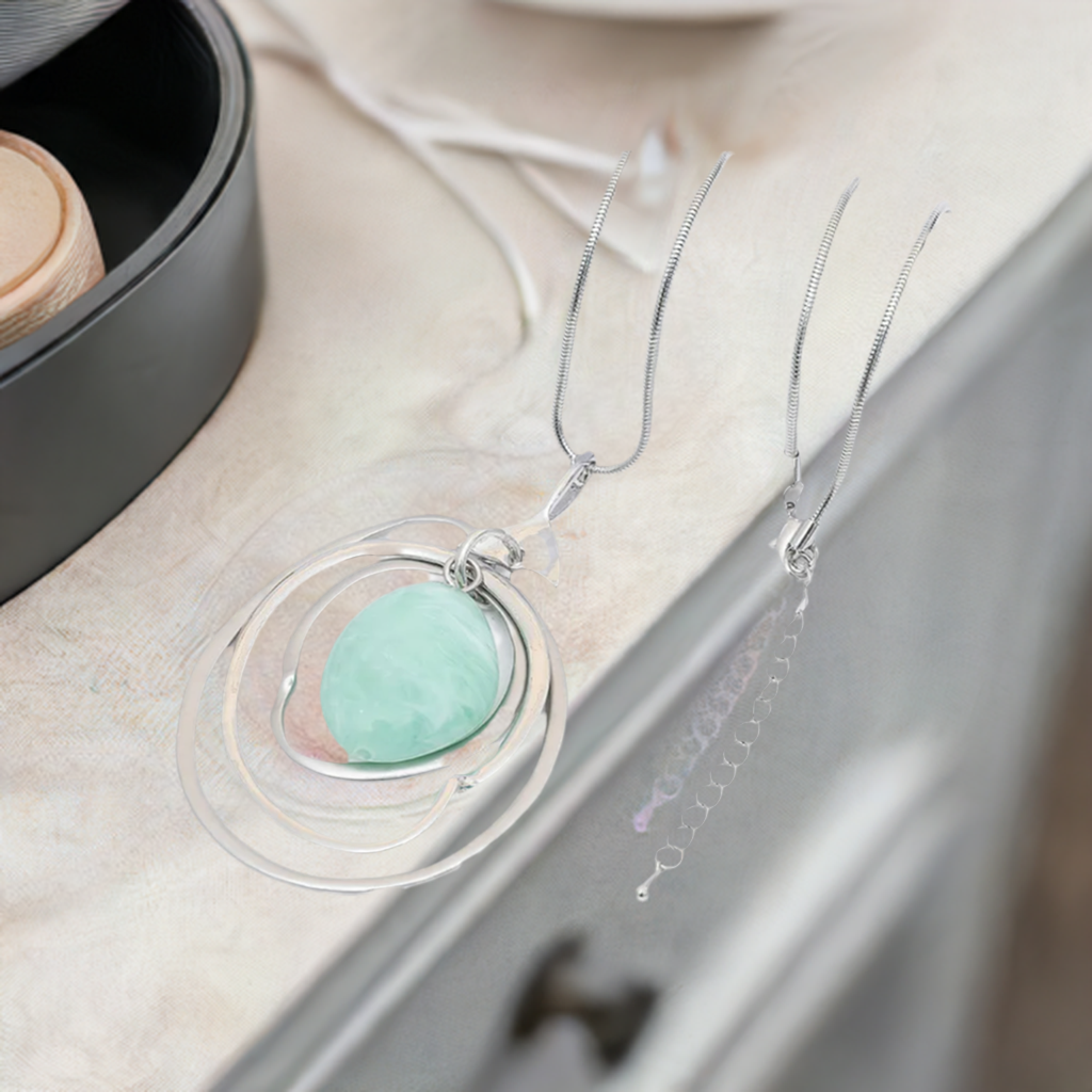 pretty necklace on bathroom counter