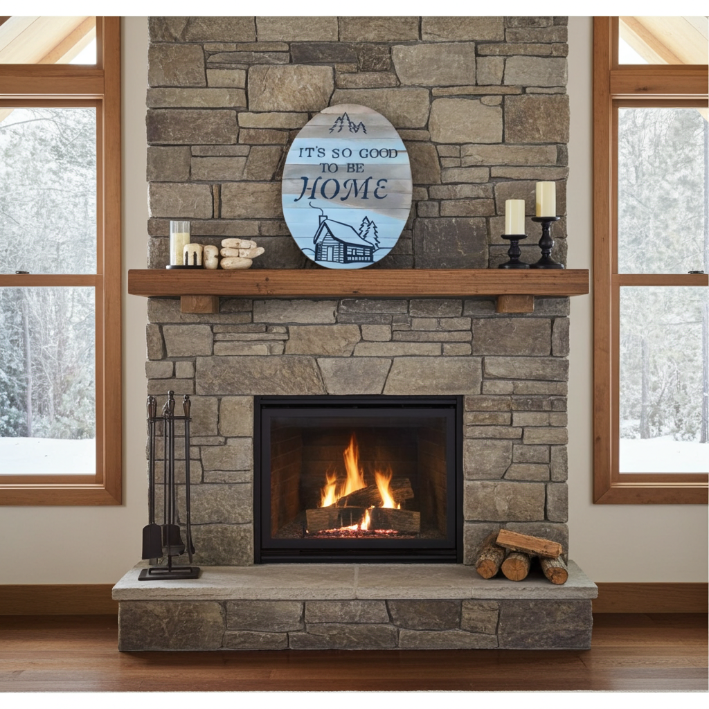 Stone fireplace with wooden mantel, candles, and a decorative sign in a room with large windows showing a snowy landscape.