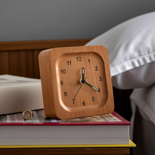 Wooden alarm clock on a stack of books with a blurred background