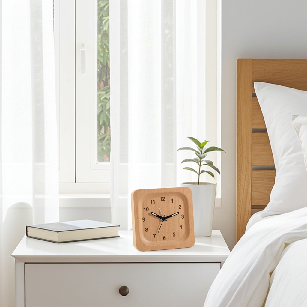 Wooden clock on a nightstand next to a bed with white bedding