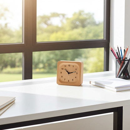 Wooden clock on a desk with a window in the background