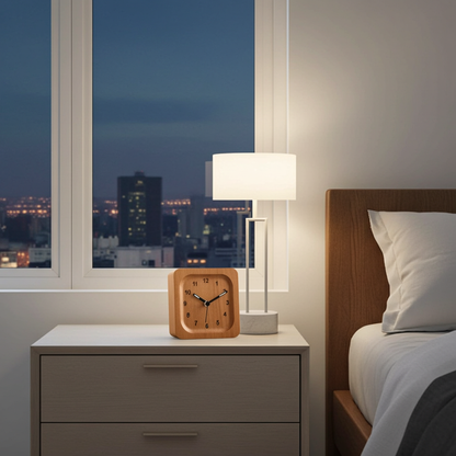 Bedroom with wooden nightstand, clock, and lamp with cityscape view