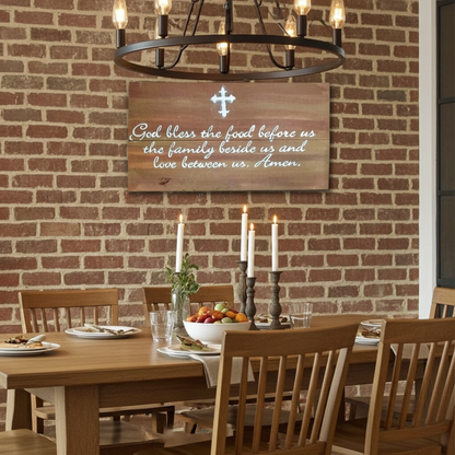 Dining room with wooden table, chairs, and a brick wall with a wooden sign.