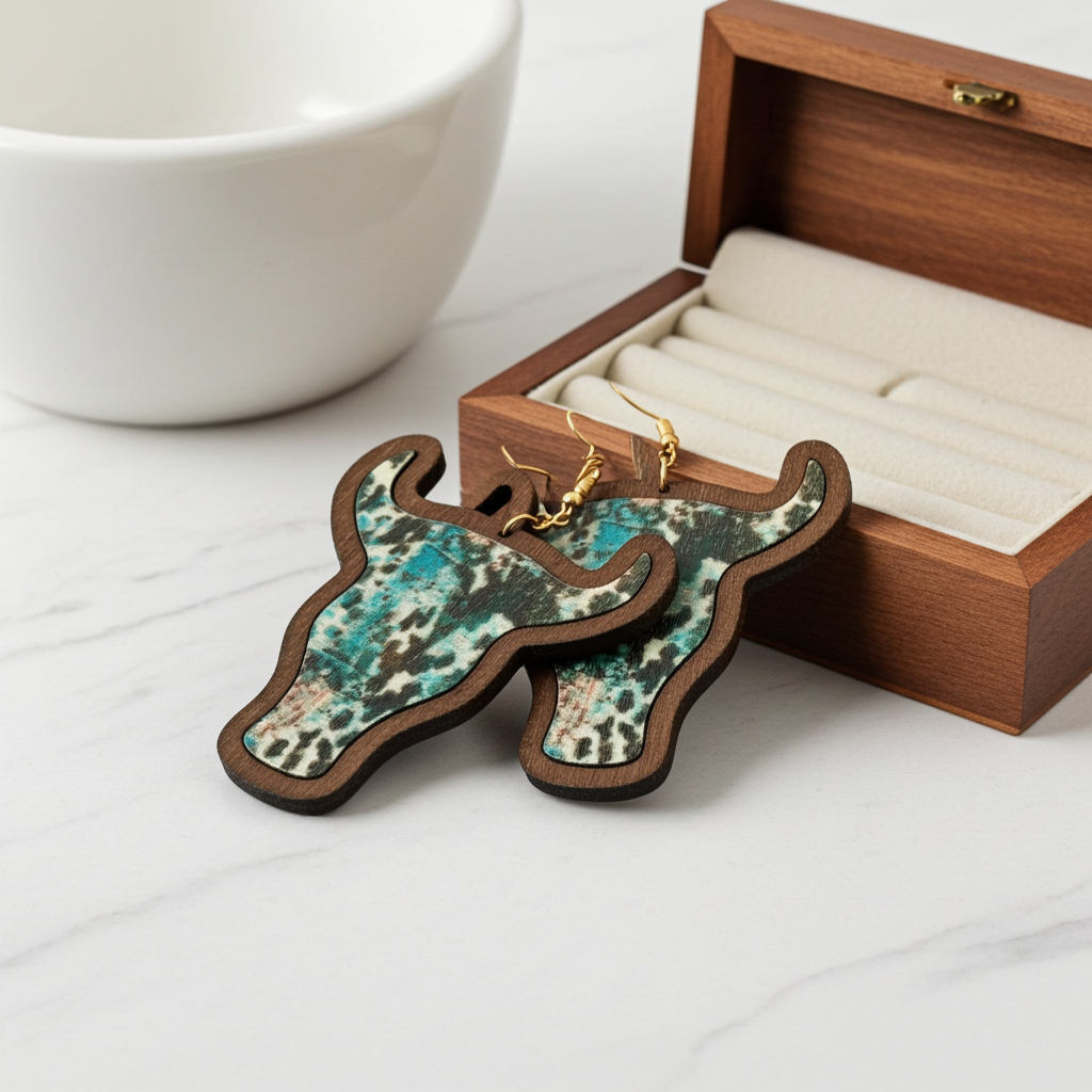 cow head earrings on a wooden display stand with a jewelry box in the background.