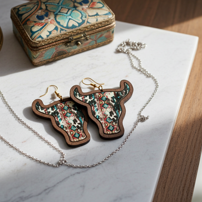 Aztec cow head earrings with intricate patterns on a marble surface with a decorative box in the background.
