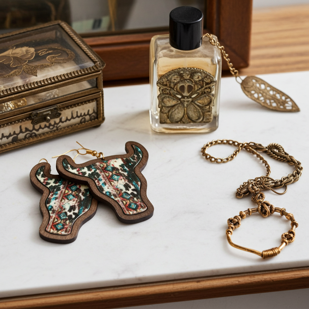 Jewelry including earrings, necklace, and perfume bottle on a marble surface.