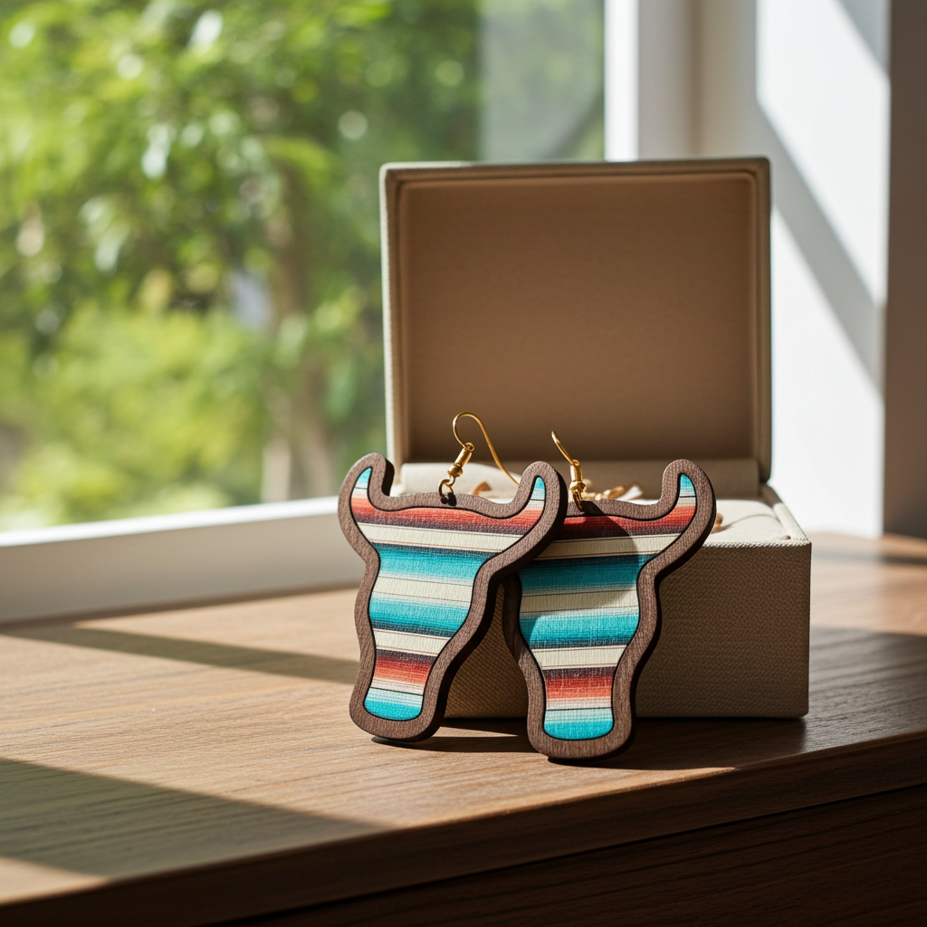 Colorful striped earrings on a wooden surface with a box in the background