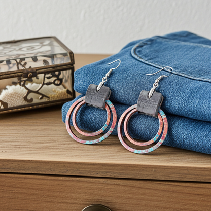 Pair of earrings with circular design on a denim fabric background