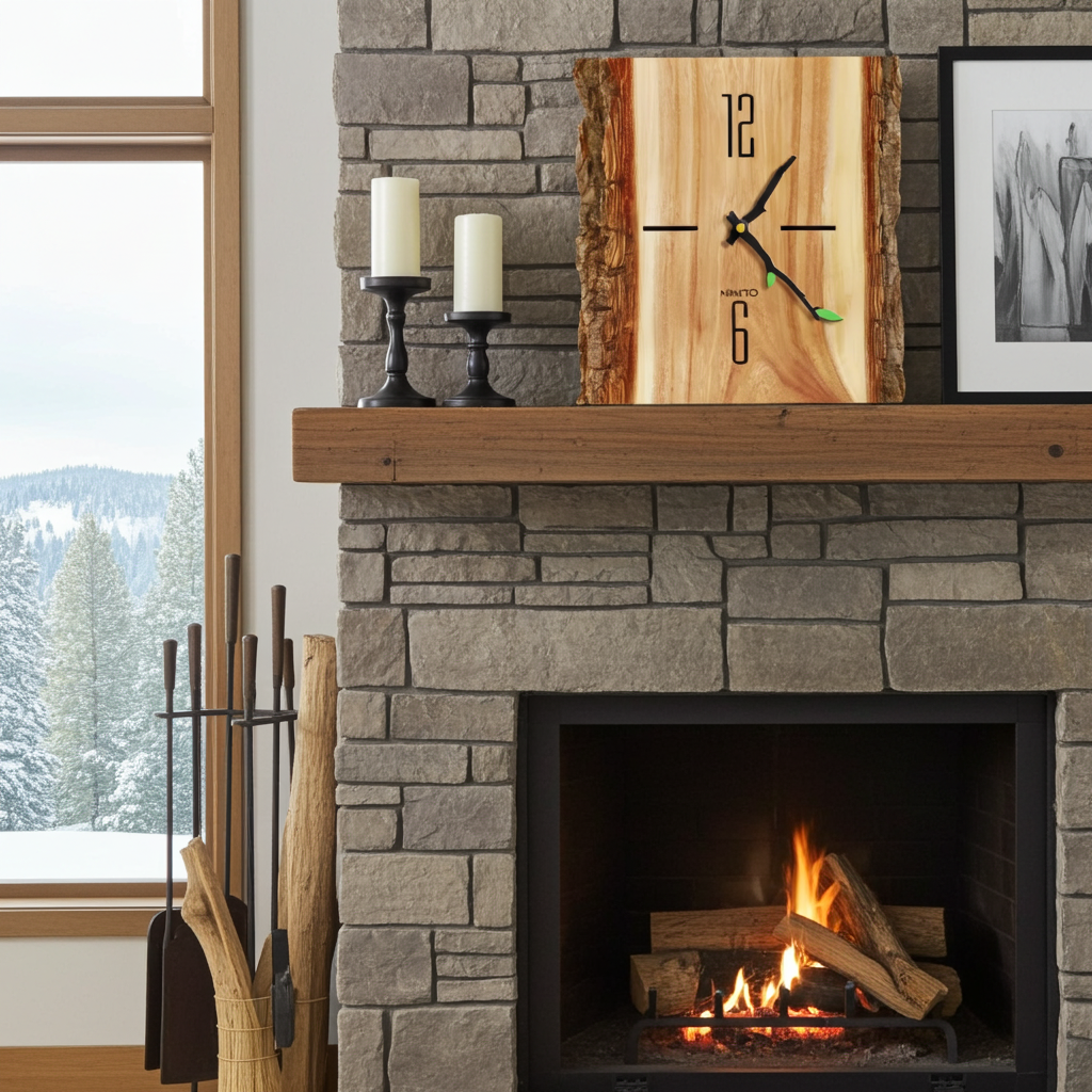 Stone fireplace with wooden mantel, clock, and candles in a room with a window view of mountains.