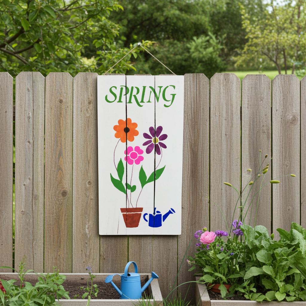 Decorative sign with flowers and 'SPRING' text on a wooden fence with plants below.
