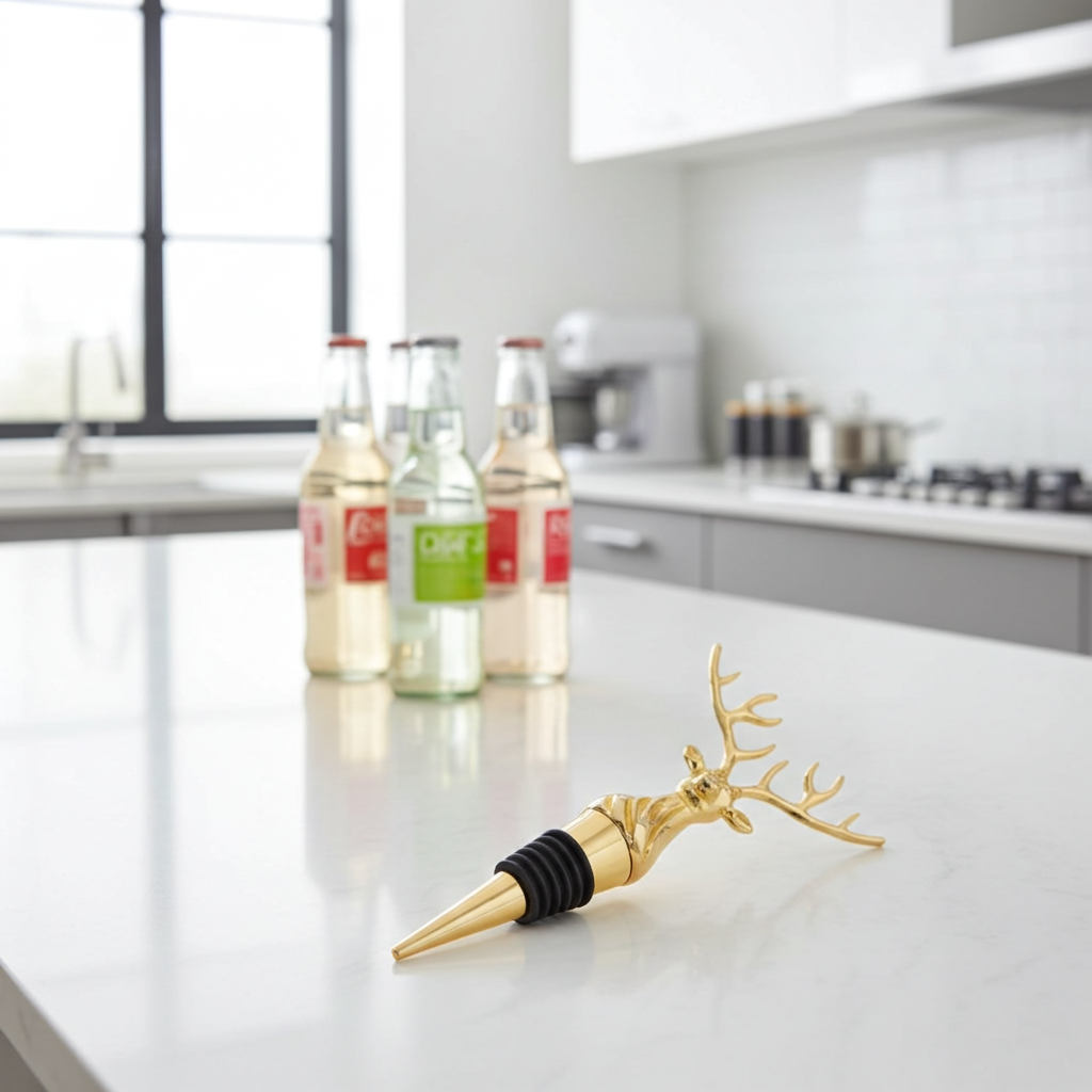 Gold deer-shaped bottle stopper on a kitchen counter with bottles in the background