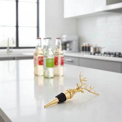 Gold deer-shaped bottle stopper on a kitchen counter with bottles in the background