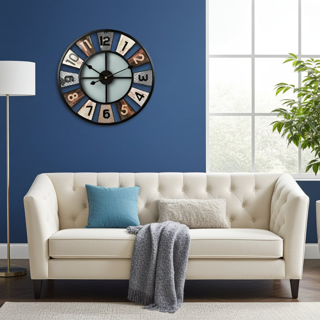 Living room with a white sofa, decorative pillows, and a large wall clock on a blue wall.