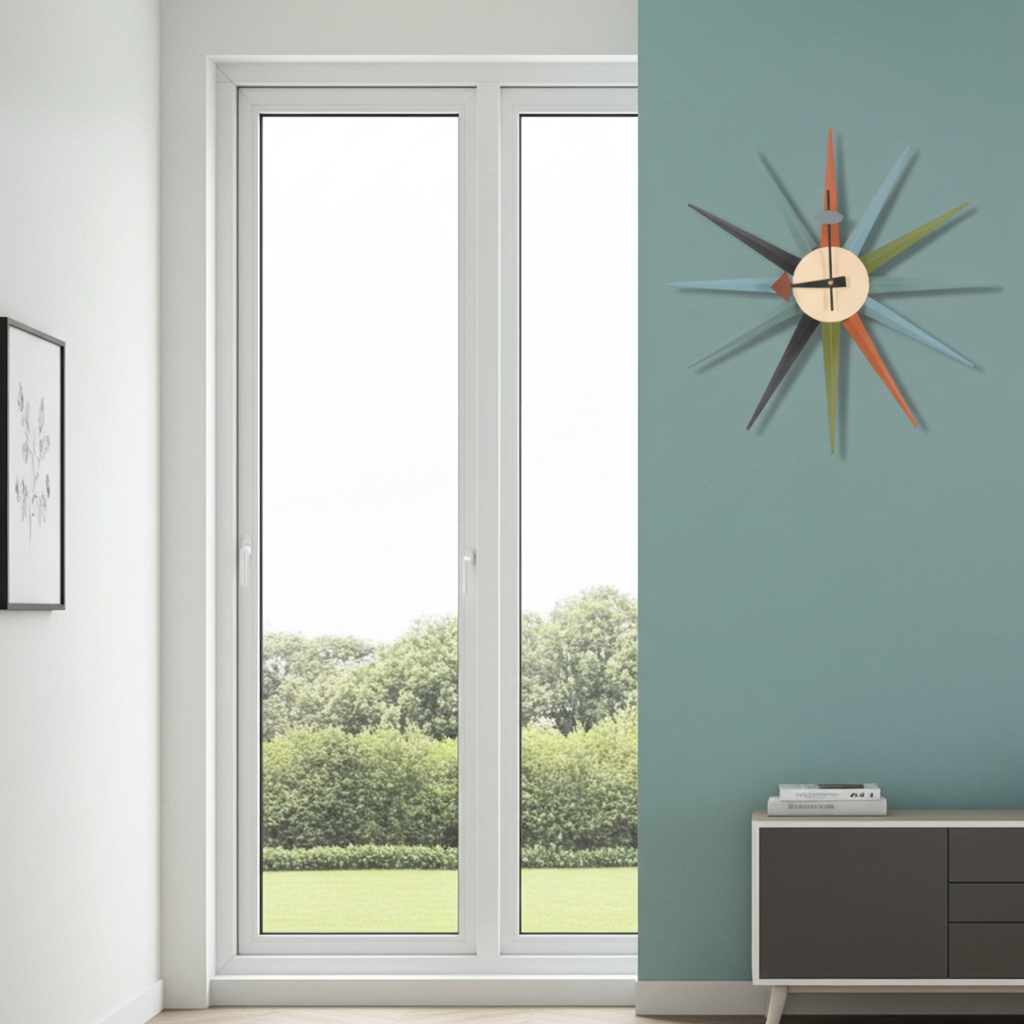 Modern interior with a colorful wall clock on a green wall, a window showing greenery, and a sideboard.
