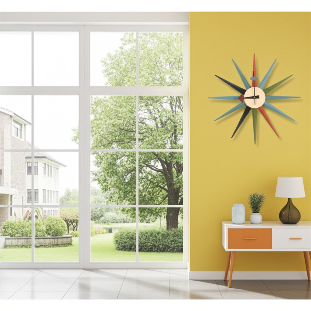 Colorful wall clock on a yellow wall with a view of trees outside a window.