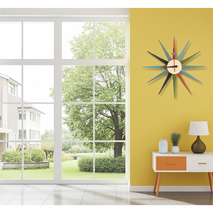 Colorful wall clock on a yellow wall with a view of trees outside a window.