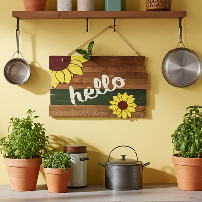 sunflower sign hanging on yellow wall