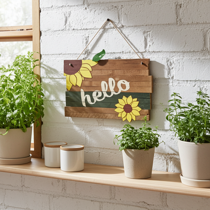 sunflower sign hanging on a white brick wall