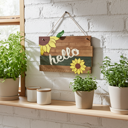 sunflower sign hanging on a white brick wall