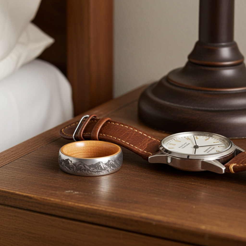 Silver ring and watch with brown leather strap on a wooden surface