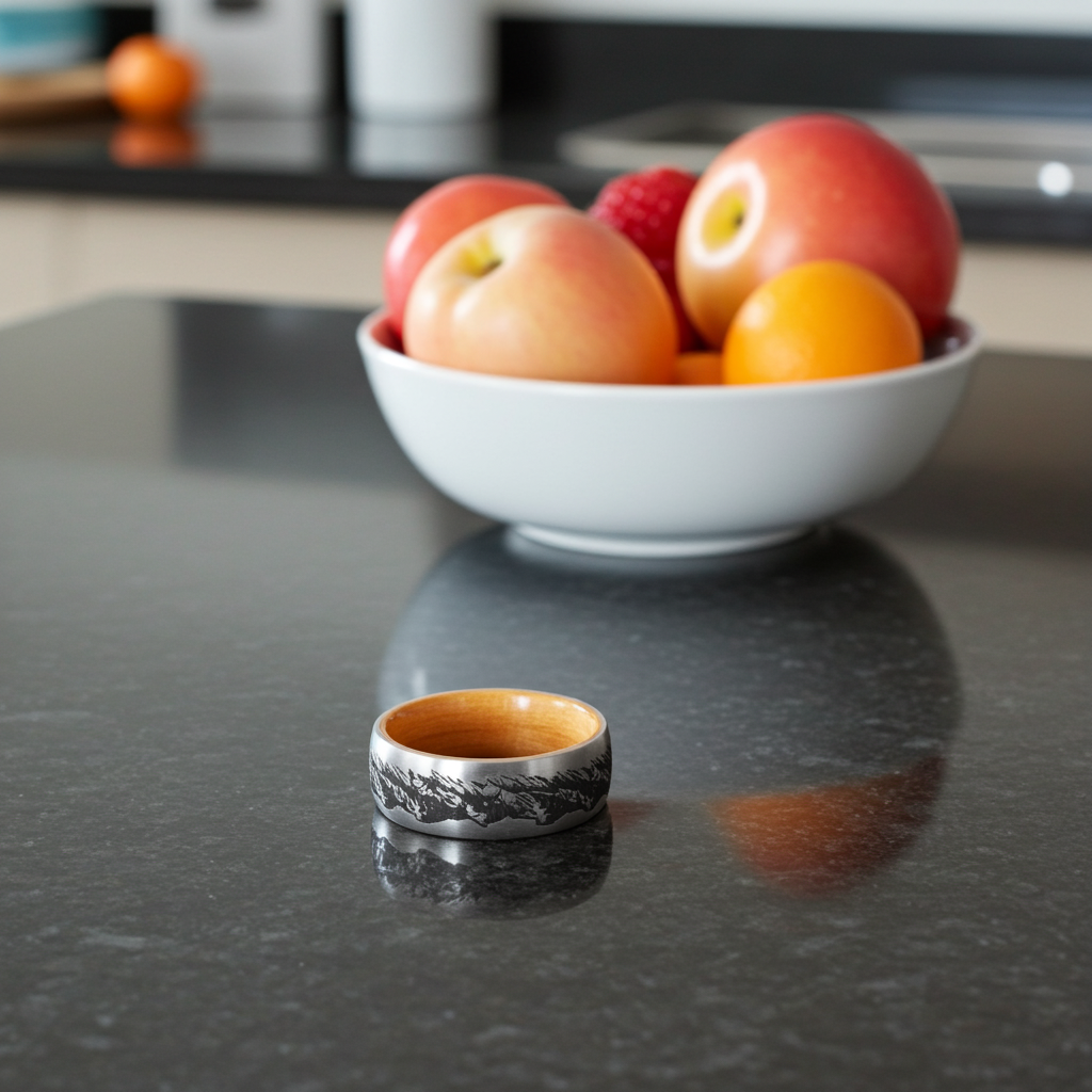 Wooden ring on a dark surface with a bowl of fruit in the background