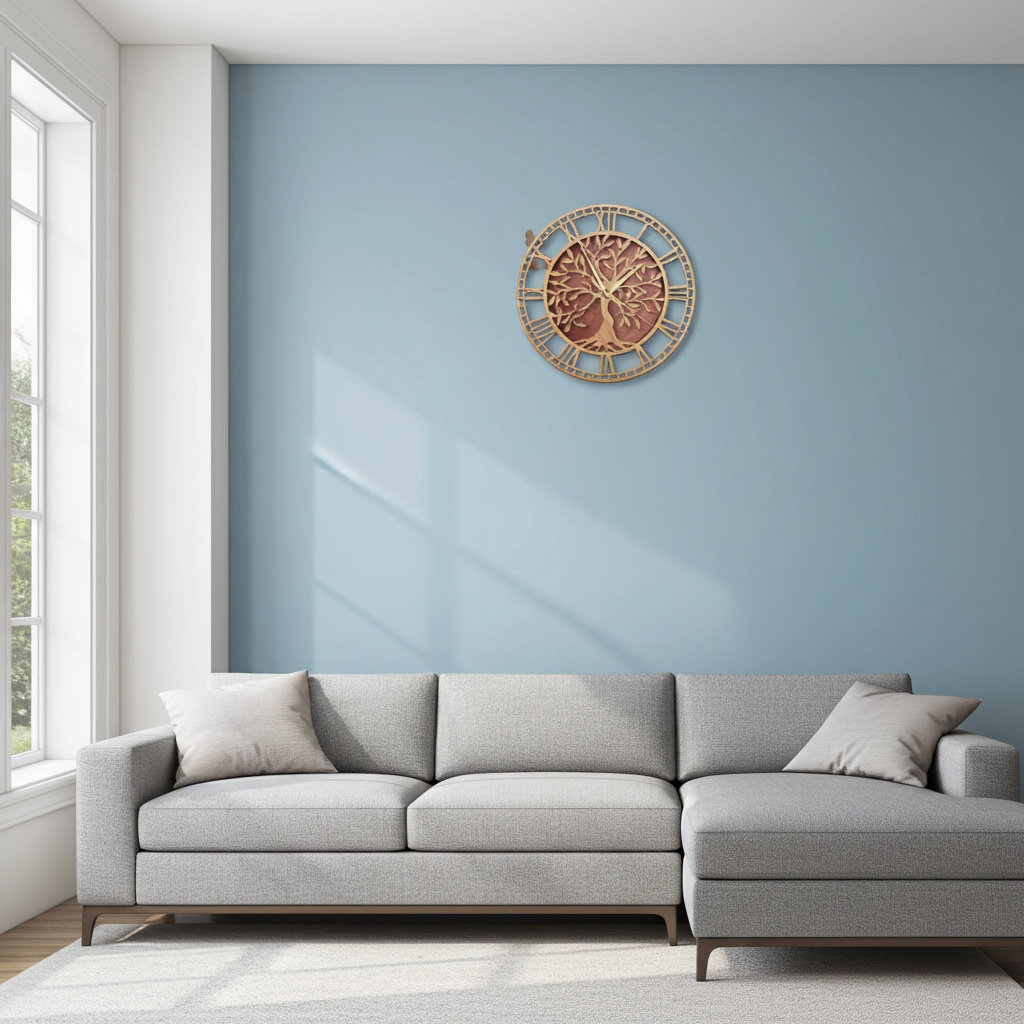 Gray sectional sofa in a room with a blue wall and decorative clock.