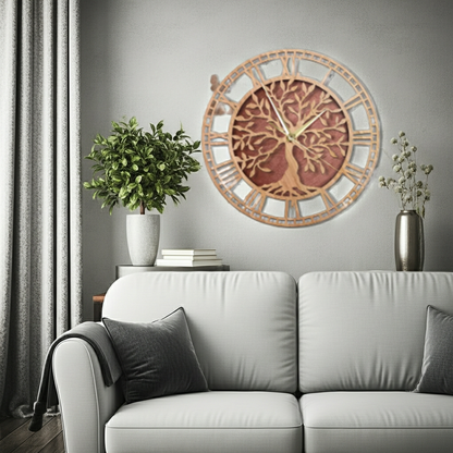 Decorative wall clock with tree design above a white sofa in a living room.