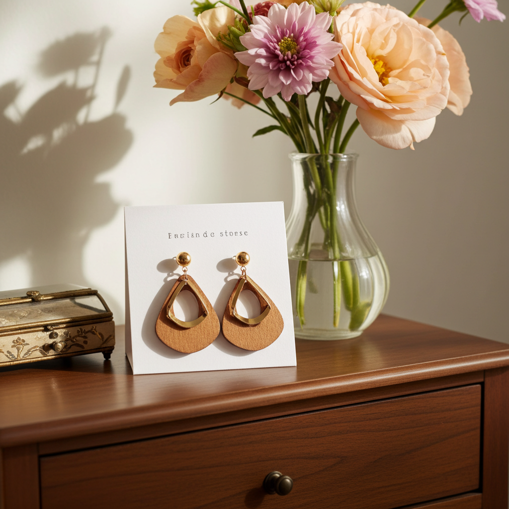 Wooden earrings on a card with a vase of flowers and jewelry box on a wooden surface.