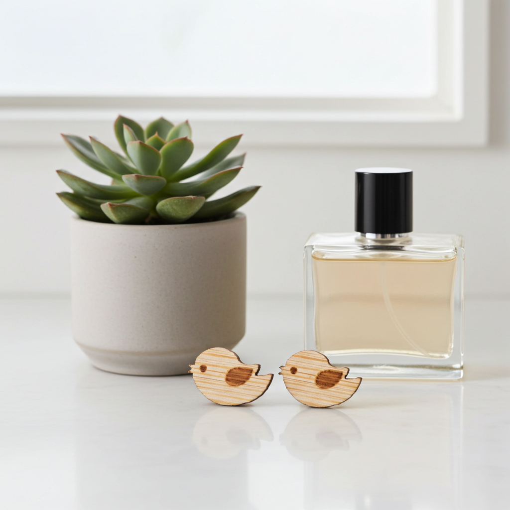 Wooden bird-shaped earrings next to a perfume bottle on a reflective surface with a plant in the background.