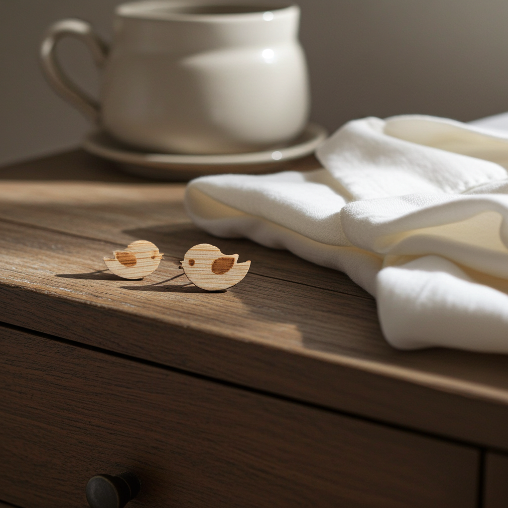 Wooden bird-shaped earrings on a wooden surface with a white cup and saucer in the background.