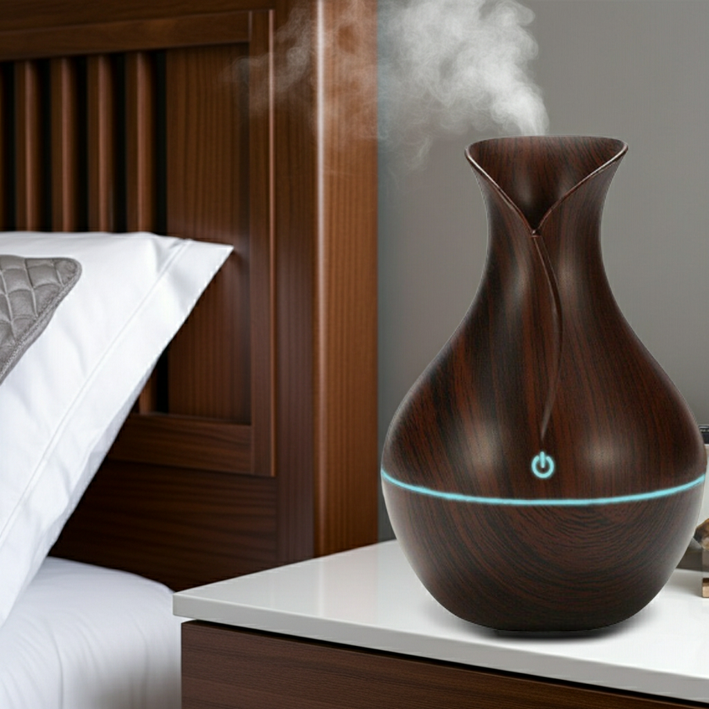 Wooden diffuser emitting steam on a nightstand next to a bed