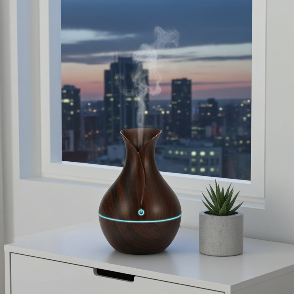 Wooden diffuser emitting mist on a windowsill with a cityscape view at night.