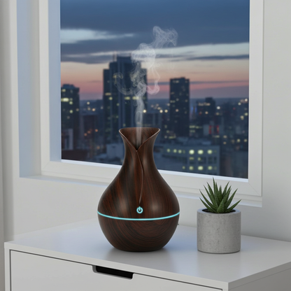 Wooden diffuser emitting mist on a windowsill with a cityscape view at night.