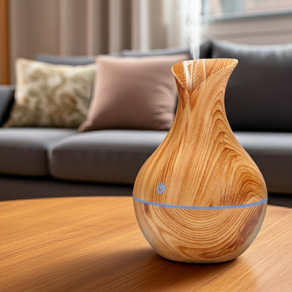 Wooden diffuser on a table with a living room background