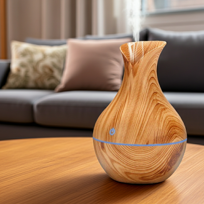 Wooden diffuser on a table with a living room background