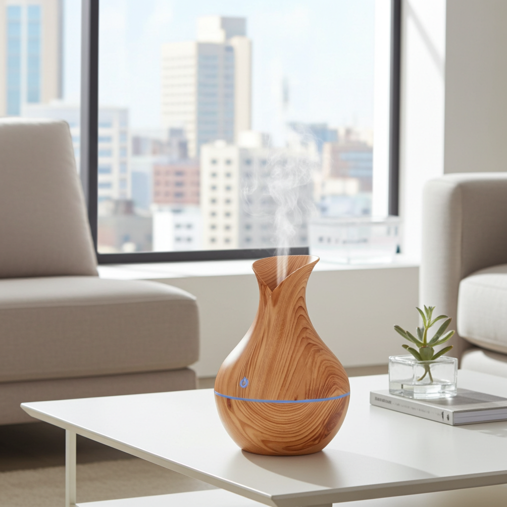 Wooden diffuser on a coffee table with a cityscape view through large windows.