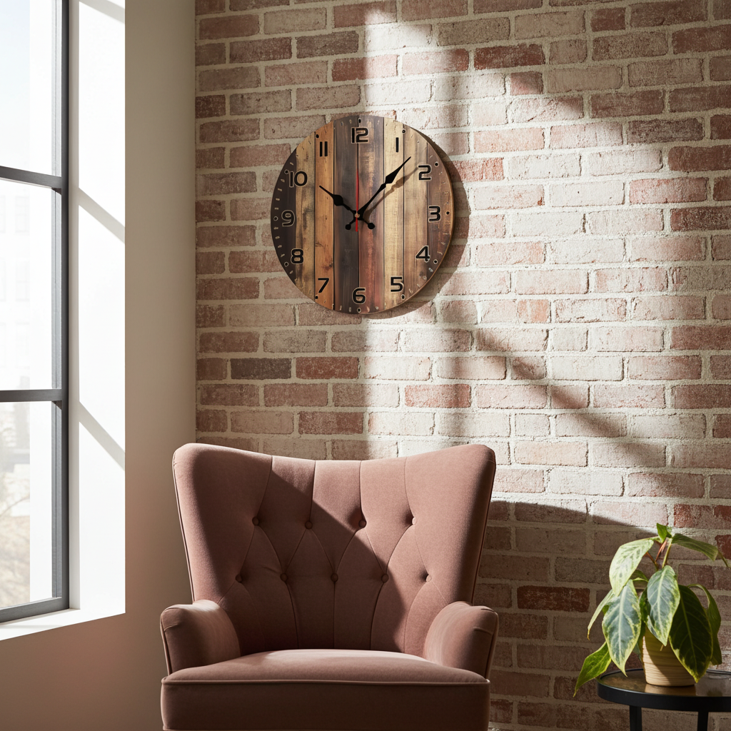 Wooden wall clock on a brick wall with a pink armchair and plant in the foreground