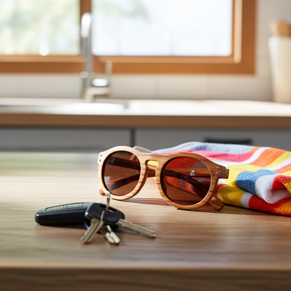Wooden sunglasses on a kitchen counter with keys and a towel