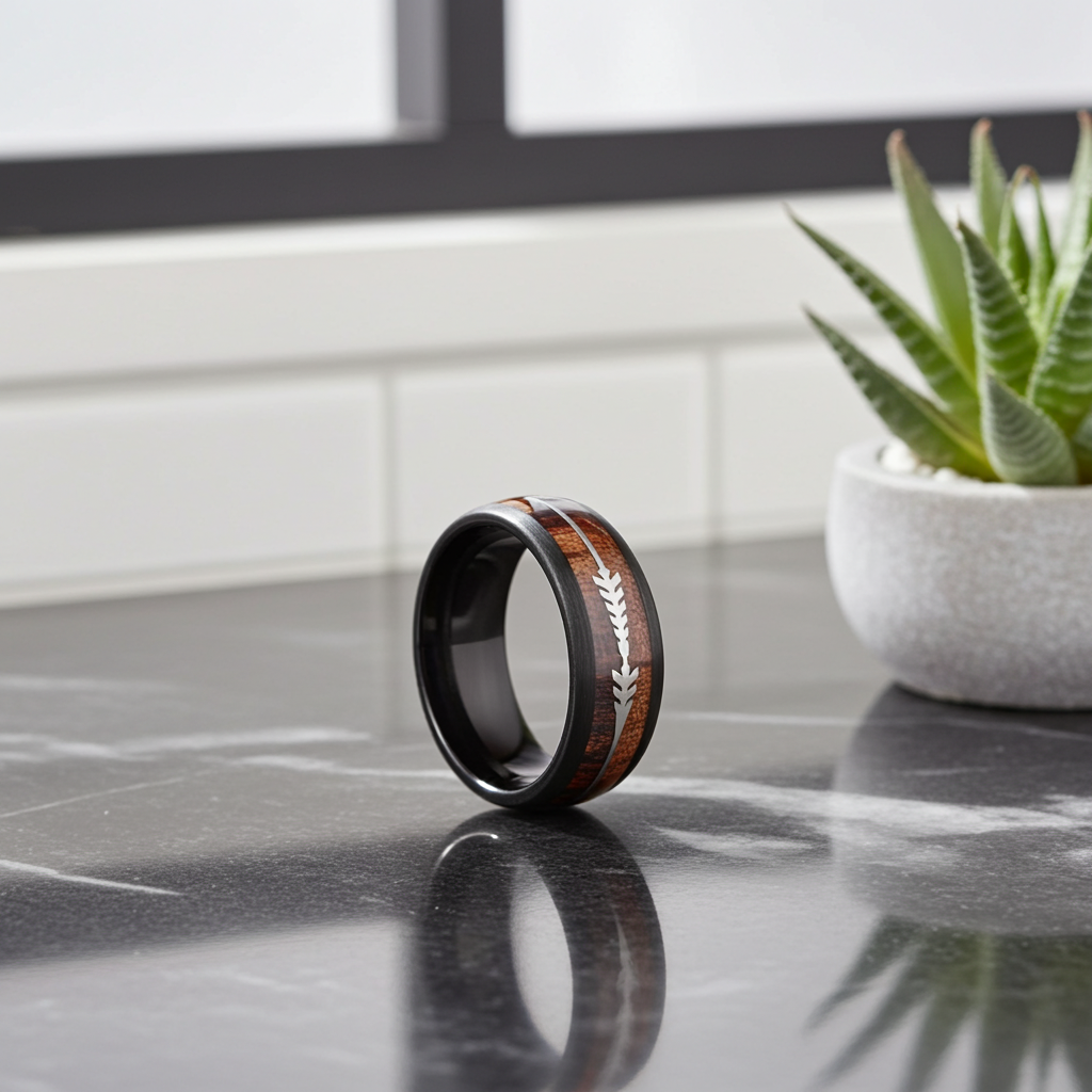 Black and wood-inlaid ring on a reflective surface with a plant in the background