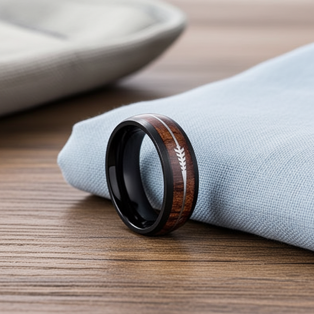 Wooden ring with black band on a wooden surface