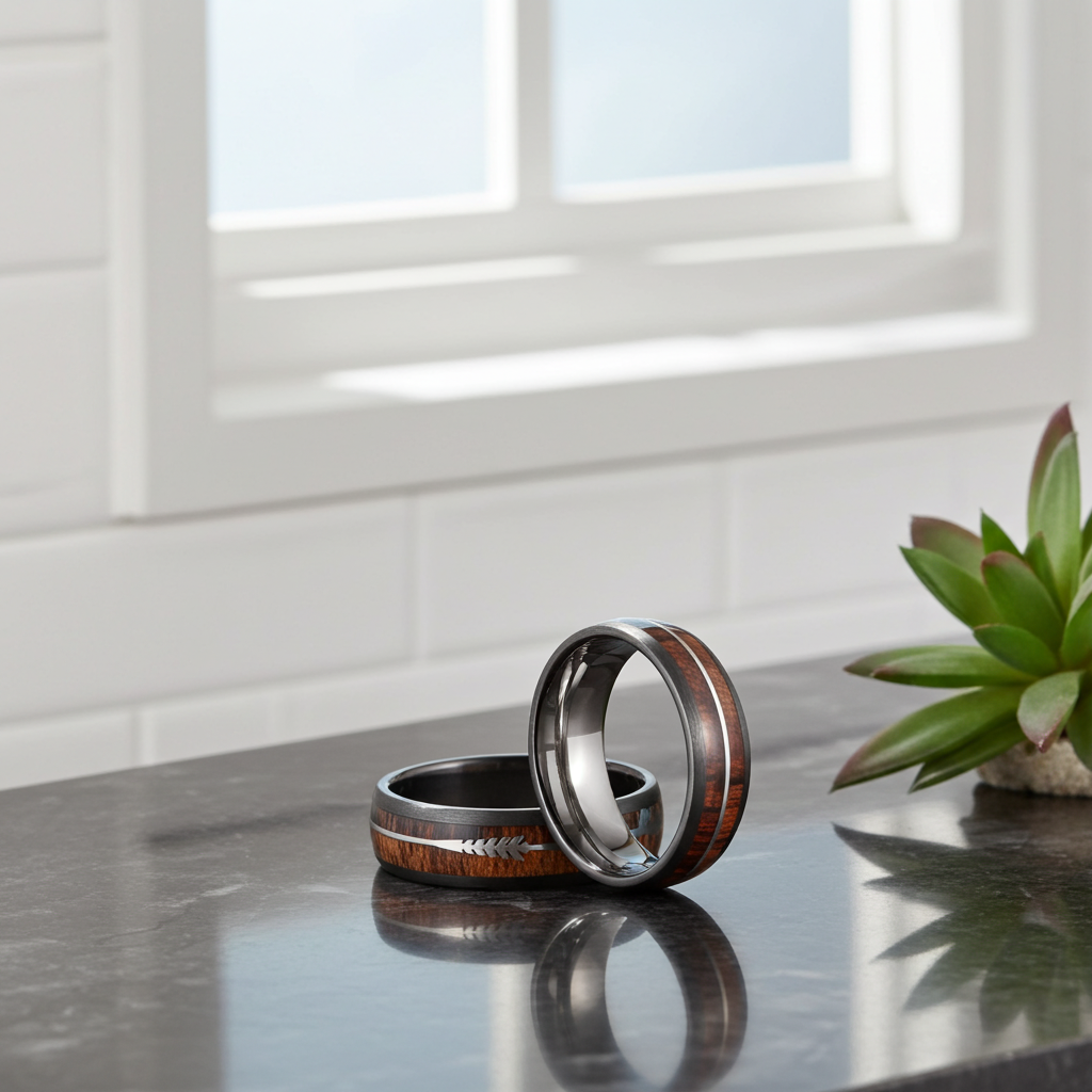 Two wooden and metal rings on a reflective surface with a plant in the background.