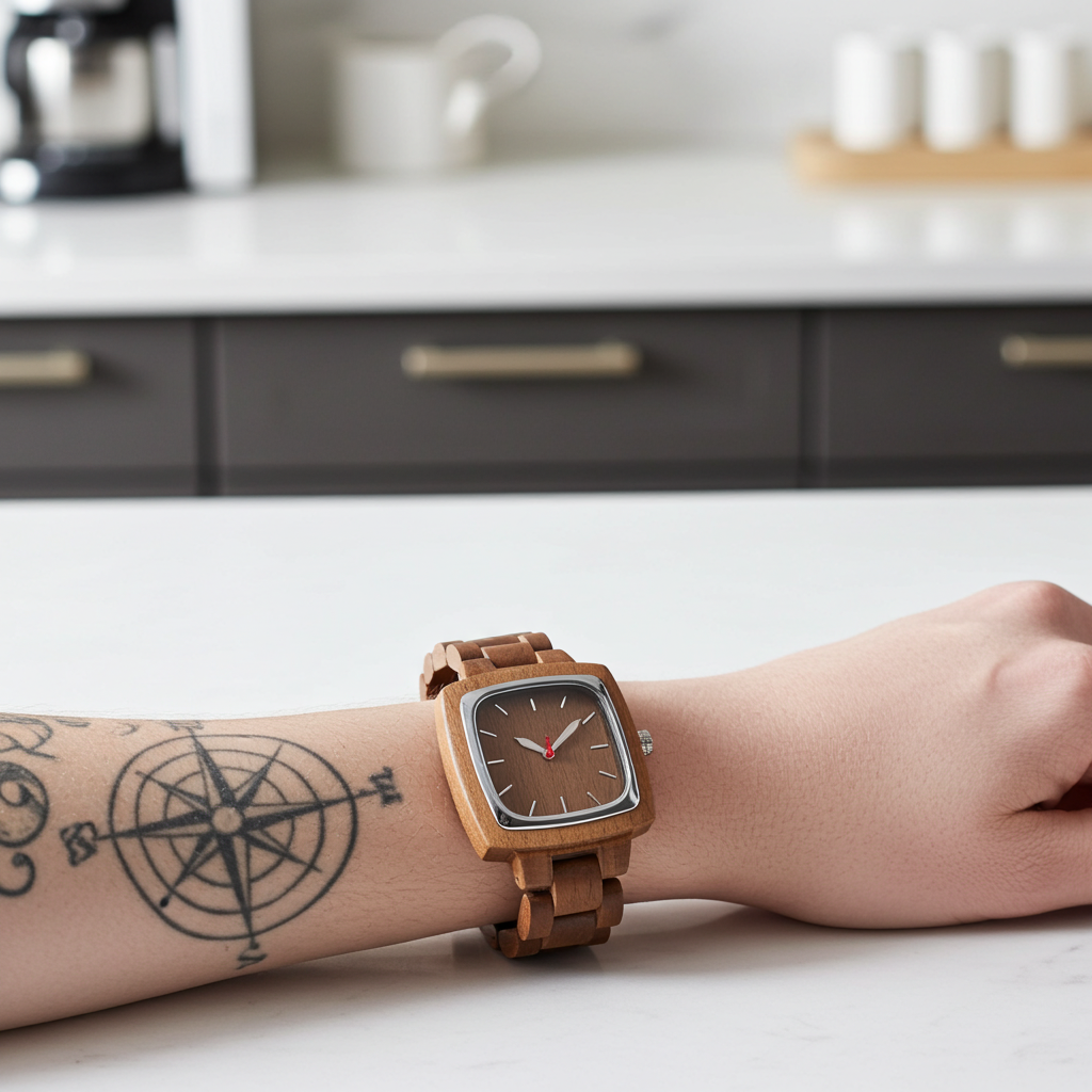 Wooden watch on a wrist with a tattoo in a kitchen setting