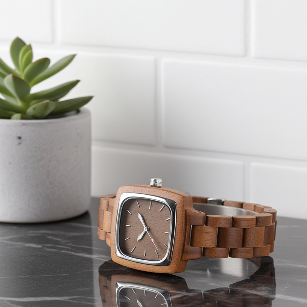 Wooden watch with silver accents on a reflective surface next to a potted plant.