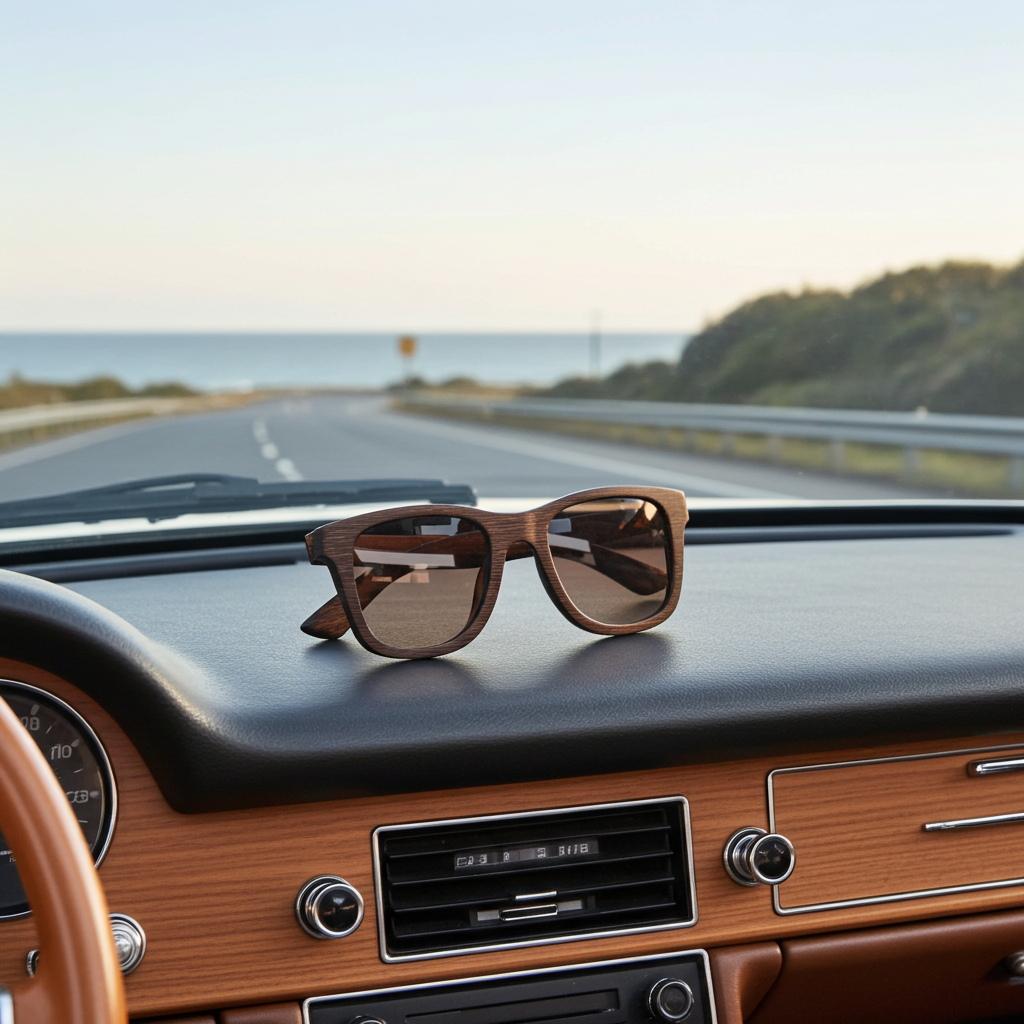 Wooden sunglasses on a car dashboard with a scenic road in the background