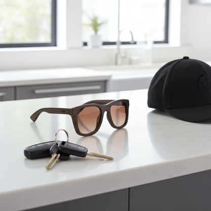 Sunglasses, keys, and a black cap on a white countertop with a kitchen background