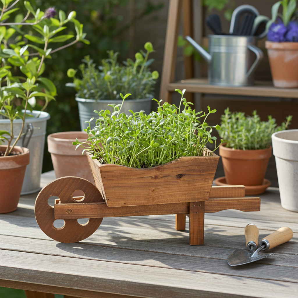 Wooden wheelbarrow planter with plants on a wooden surface with gardening tools and pots in the background.