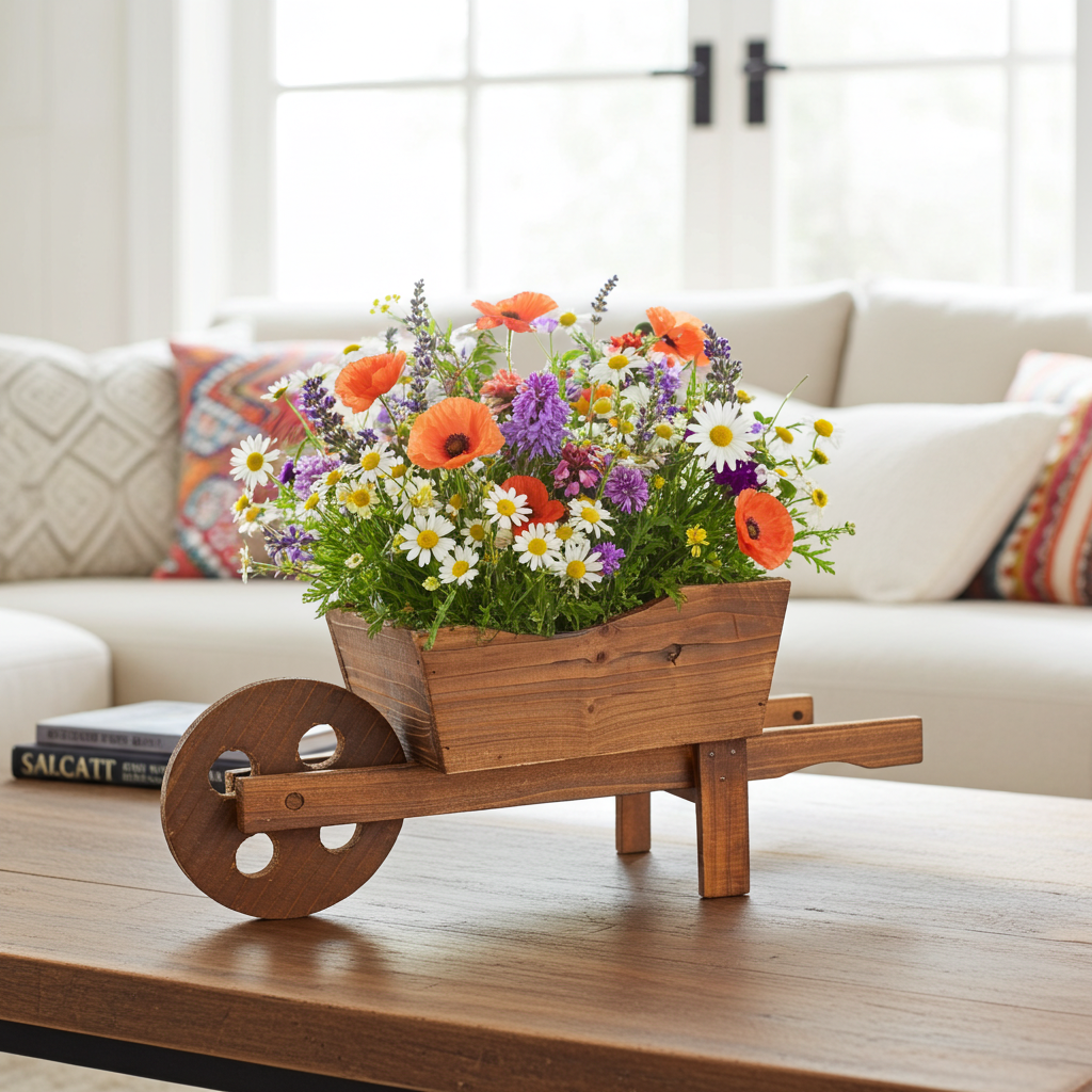 Wooden wheelbarrow planter with colorful flowers on a coffee table in a living room.