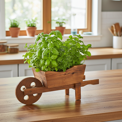 Wooden wheelbarrow planter with green plants on a kitchen counter